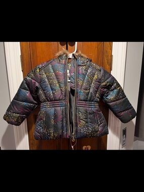 Rothschild Black Puffer Jacket with Multicolor Dot Print and Faux Fur Hood